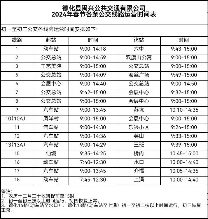 關(guān)于2024年春節(jié)期間德化公交運營有關(guān)事項的公告